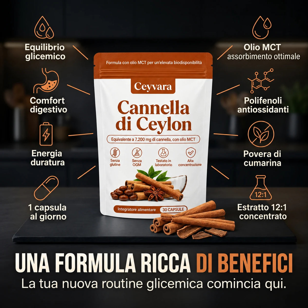Benefici della formula Ceyvara Cannella di Ceylon 12:1 con olio MCT
